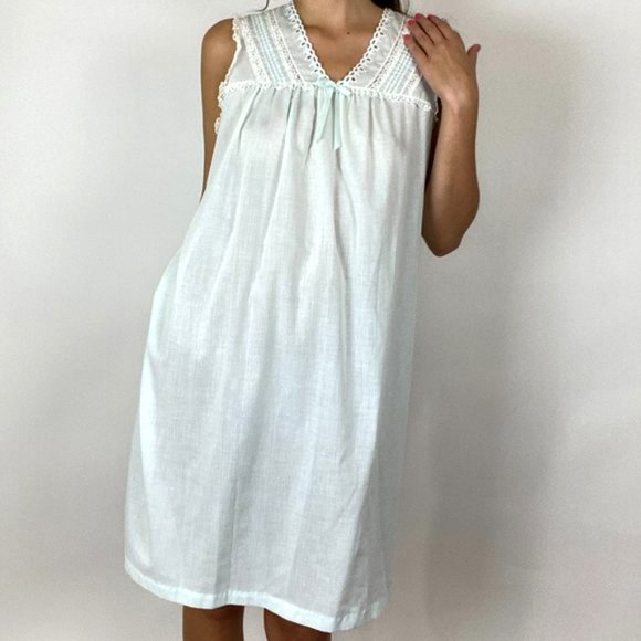 Vintage Baby Blue Cotton Lace Nightgown Slip Dress - Picture 9 of 10